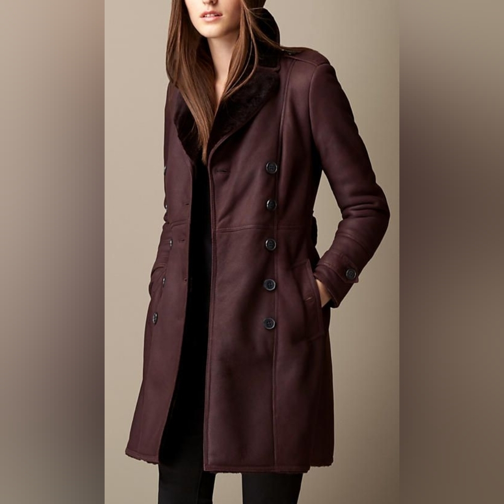 Burberry Leather, double-breasted, shearling-lined trench coat in burgundy